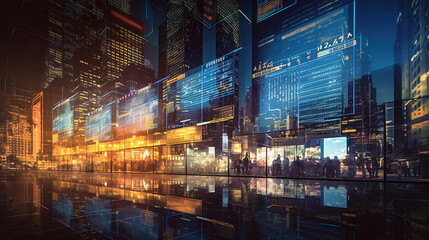 Fototapeta na wymiar Display of Stock market quotes with city scene reflect on glass. Generative Ai