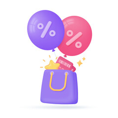 Shopping bags full of vouchers to offer customers special discounts. 3d illustration.