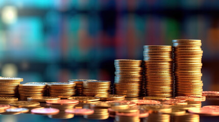 Double exposure of graph and rows of coins for finance and business concept. Generative Ai