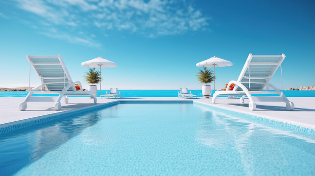 The edge Luxury swimming pool with white fashion deckchairs on the beach. Generative Ai