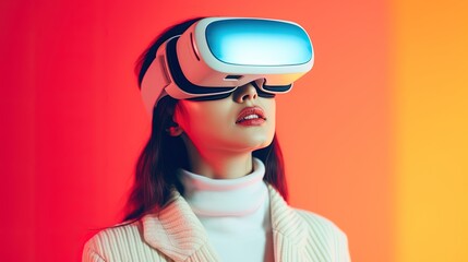 Portrait of a beautiful asian woman wearing virtual reality goggles.Generative Ai