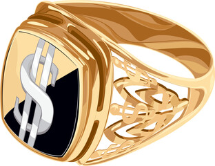 Color illustration of signet with dollar sign. 
Vector illustration of red and white gold signet ring with onyx with $ sign. Male gold ring decorated with onyx in vector. Illustration of jewelry