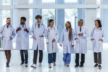 Group of experienced doctors from different of filed working together as primary healthcare team to give medical diagnosis, treatment to patients. Developing positive relationships with colleagues.