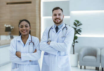 Group of experienced doctors from different of filed working together as primary healthcare team to give medical diagnosis, treatment to patients. Developing positive relationships with colleagues.