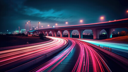 Fototapeta na wymiar Overpass and light trails at night on the illuminated highway. Generative Ai