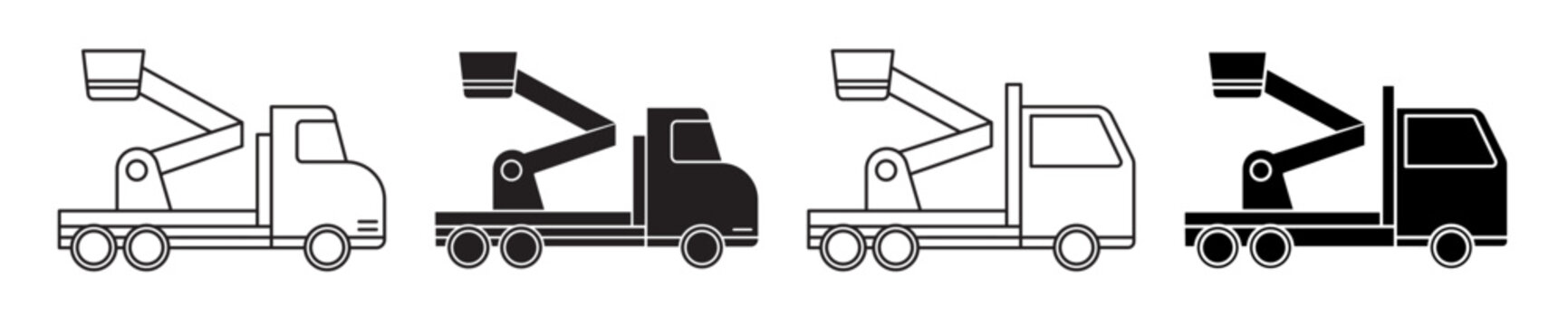 Cherry picker truck icon set. Scissor bucket lift vector symbol in black filled and outlined style. Telescopic boom lift sign. 