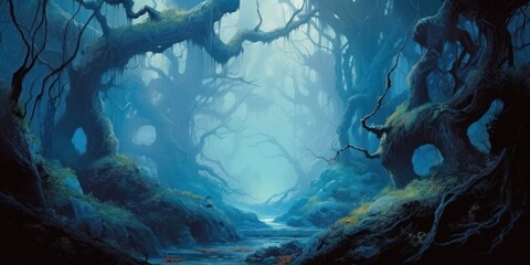 Road through the mysterious forest of fantasy stories. AI Generation 