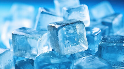 Frozen ice cubes in an ice cube maker ice box with a layer of hoarfrost on the ice cubes. Generative Ai