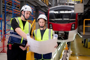 Young caucasian engineer man and woman or worker looking blueprint and checking electric train for planning maintenance in station, transport and infrastructure, inspector check service transport.