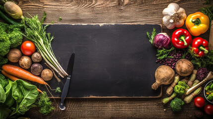 High Angle View of Blank Chalkboard and Silver Knife and Fork Surrounded by Fresh Herbs and Healthy Raw Vegetables Scattered on Rustic Wooden Table Surface. Generative Ai