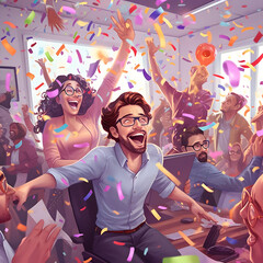 An office celebration for the release of a new software update, with streamers and confetti, caricature Generative AI