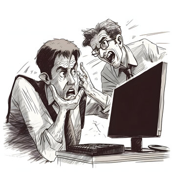 An IT Support Staff Member Helping A Frustrated Colleague With A Computer Glitch, Caricature Generative AI