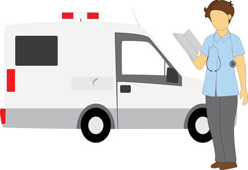 Hand drawn doctor cartoon illustration with ambulance vehicle