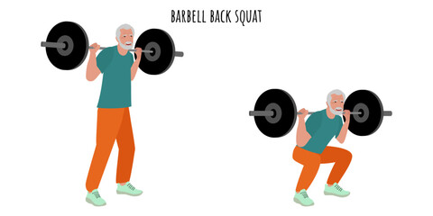 Senior man doing barbell back squat exercise