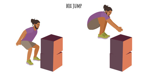 Young active man doing box jump exercise