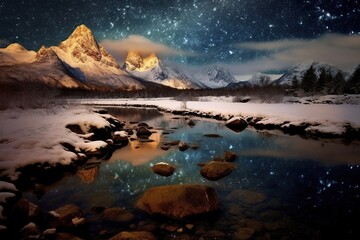 Obraz na płótnie Canvas Beautiful winter landscape with mountain river and starry sky at night.Generative Ai