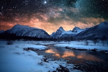 Fototapeta na wymiar Beautiful winter landscape with mountain river and starry sky at night.Generative Ai