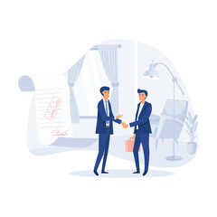 Businessman shaking hand with loan agreement and money bag. personal loan or financial support, flat modern vector illustration