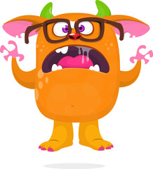 Happy cartoon monster wearing eyeglases and waving hands. Halloween vector illustration.