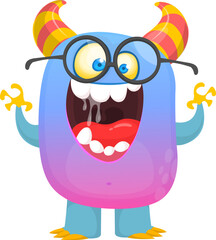 Happy cartoon monster nerd wearing eyeglasses. Halloween vector illustration. Great for package or party decoration