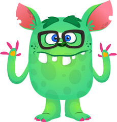 Happy cartoon alien creature waving hands. Halloween vector illustration. Great for package or party decoration