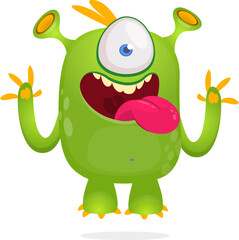 Funny cartoon one eyed monster waving hands. Halloween vector illustration. Great for package or party decoration