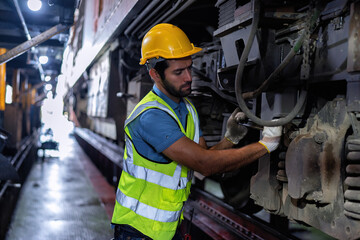 Mechanics service engineer working underneath train car maintenance transmittal system in the garage