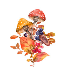Fall bouquet design. Autumn mushrooms, berries, plants and autumnal leaves. Hand painted natural illustration with wild fungi, season watercolor card 
