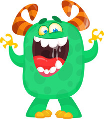 Happy cartoon monster waving hands. Halloween vector illustration. Great for package or party decoration