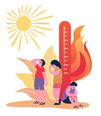 People in summer extreme heat. Thermometer with high temperature, fatigue person, hot sun. Overheat, heat stroke in global warming design. Vector flat cartoon illustration 