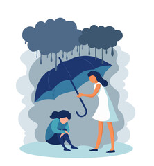 Sad woman in depression under grey cloud. Psychologist helps her, protects from rain by umbrella. Psychology design for dramatic mood person in troubles, stress, mental problems. Flat cartoon vector - 616599597