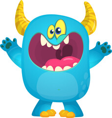 Cute yeti snowman cartoon waving hands. Halloween vector illustration. Great for package or party decoration