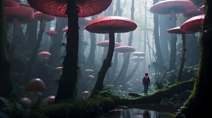 Mushroom forest with a man in a red hat in the fog. 3d rendering. AI Generated.