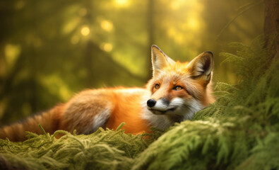 Naklejka premium Red fox lying in a summer forest, Generative AI