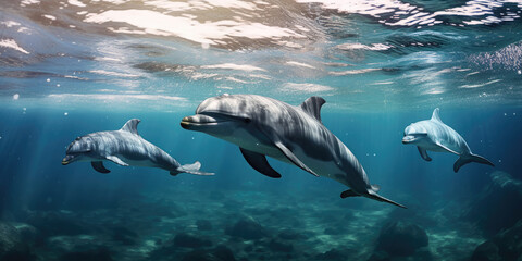 Dolphins underwater, sunlight shining through the water, Generative AI