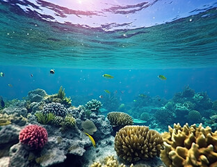 Obraz premium Great Barrier Reef, underwater illustration, saline, coral reef, nature, background, ocean. Generative AI.