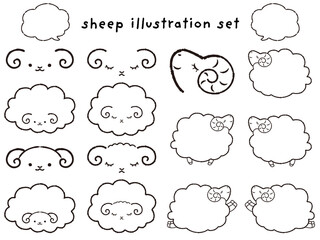 シンプルでかわいいモコモコの羊と吹き出しのイラストセット（白黒線画）