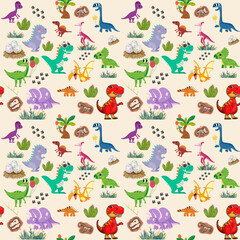 Seamless Pattern of Cute Colourful Dinosaurs with Floral and Geometric Elements