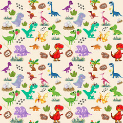 Seamless Pattern of Cute Colourful Dinosaurs with Floral and Geometric Elements