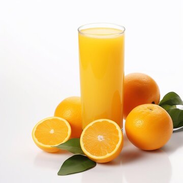 a glass of orange juice and oranges isolated on the white background generative AI
