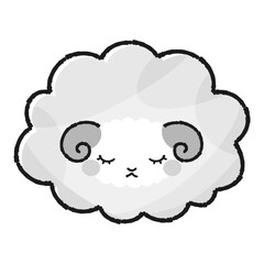 シンプルでかわいい目を閉じたモコモコの羊（正面）白黒