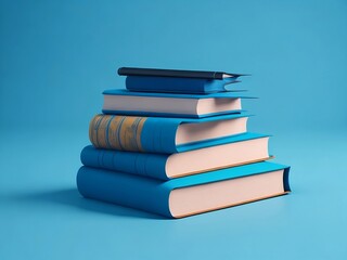A stack of books and textbooks lies on a blue background, Generative AI, Generative, AI