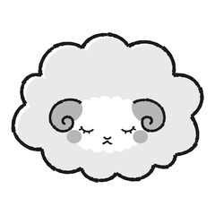 シンプルでかわいい目を閉じたモコモコの羊（正面）白黒
