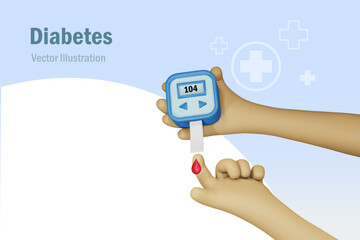 Diabetes blood test. Patient hand use glucometer measures glucose sugar level in blood on finger 3D cartoon character.