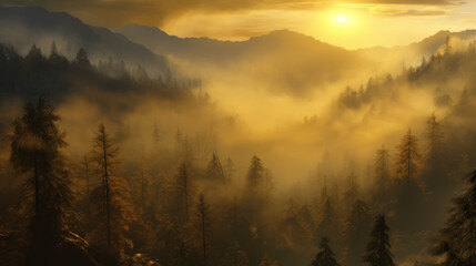 Obraz premium Golden Mist: Embracing the Ethereal Beauty of a Serene Landscape. Generative AI