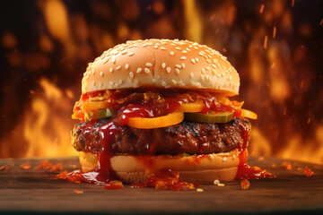 Juicy hot burger with spicy sauce, cutlet and vegetables on flame background - obrazy, fototapety, plakaty