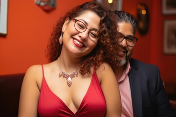 smiling senior mature hispanic couple posing together well dressed at their home