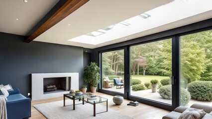 Wide Angle Shot of Modern House Sunroom Living Area with Mid-Century Minimalistic Interior Design and Open Concept Layout . High Ceiling and High Glass Windows.