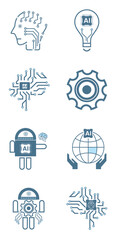 Groups of 8 Artificial intelligence line icons, 8 AI for technology symbols concepts, and 8 cybernetic icons, ai, technology vector, illustration concept design
