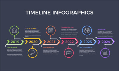 Timeline infographics template with six arrows with place for icons and text, dark background, vector eps10 illustration